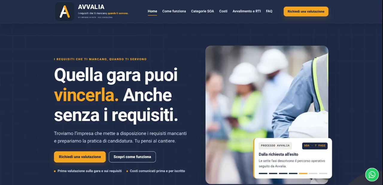 Sito web di Avvalia, servizio per le imprese che partecipano alle gare d’appalto