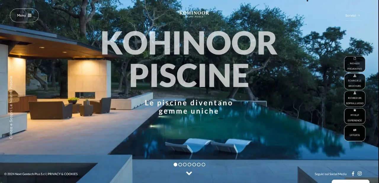 Sito web aziendale di Kohinoor Piscine, piscine di lusso, con slider a tutto schermo