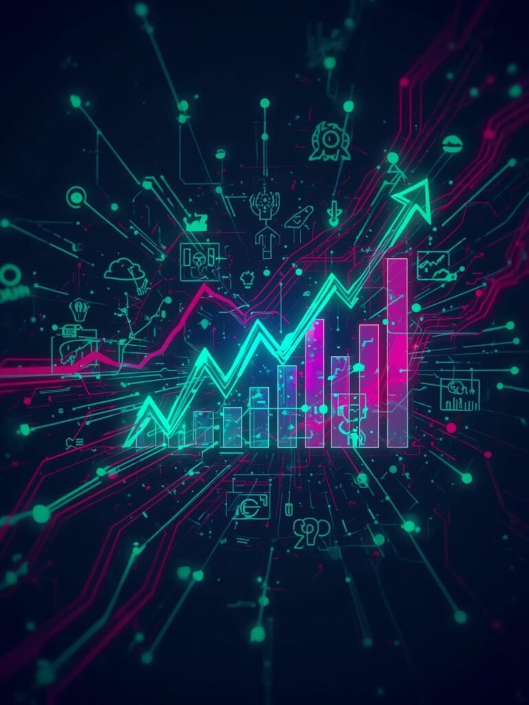 Grafica con dati e connessioni digitali nei colori verde e rosa