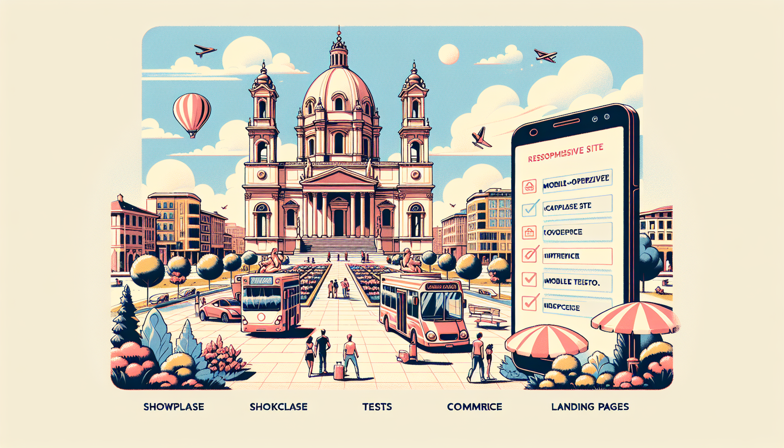 Illustrazione di un imponente edificio a cupola in una vivace piazza cittadina, con autobus, passanti, mongolfiere e ombrelloni da mercato. Sulla destra, una grande lista di controllo con la scritta “Siti Responsive a Torino” si sovrappone alla scena.