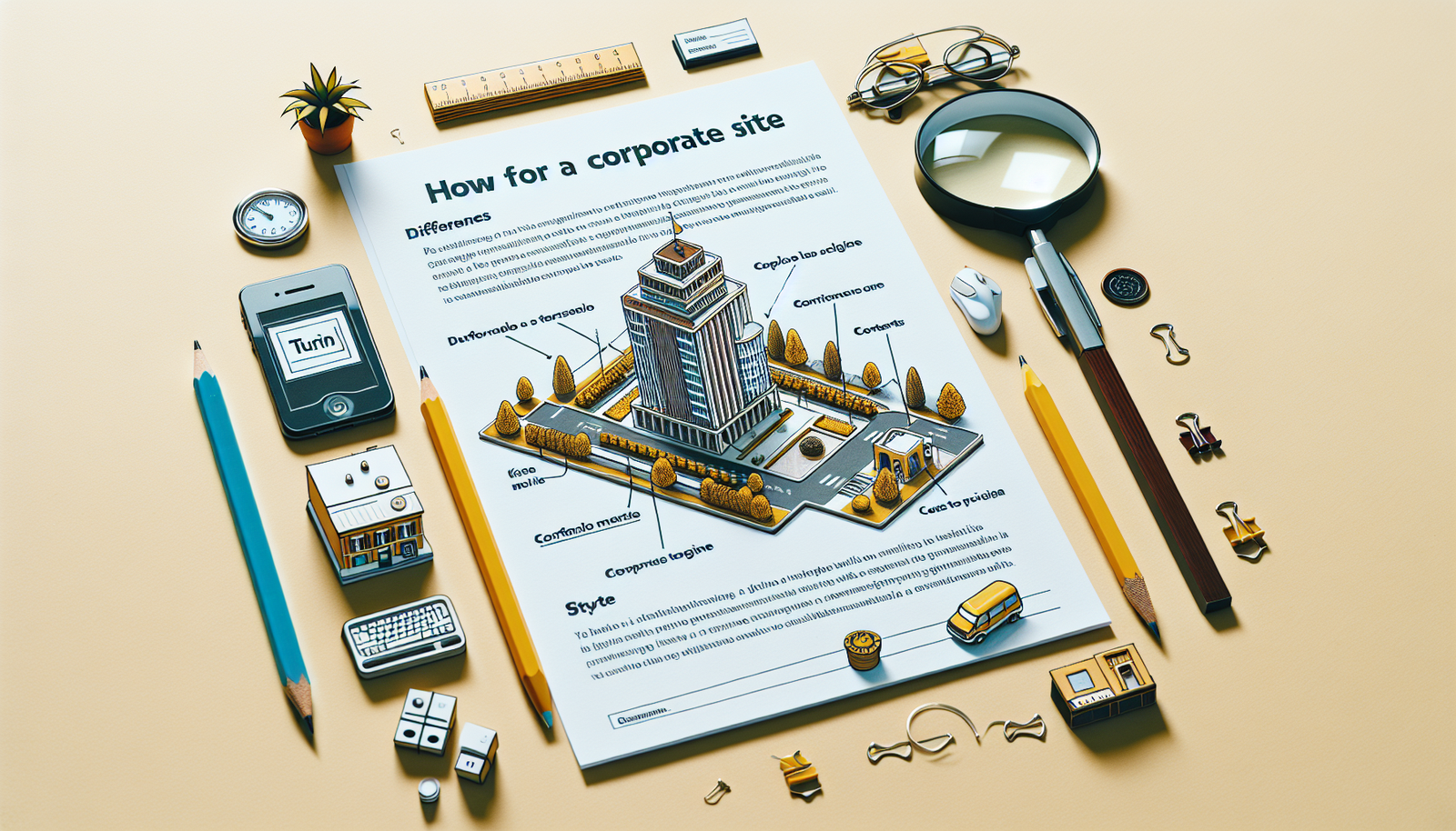Un documento di progettazione grafica per un sito web aziendale di Torino presenta un'illustrazione 3D di un edificio, circondato da articoli di cancelleria — matite, lente d'ingrandimento, righello, graffette, tastiera, telefono e occhiali — su uno sfondo beige.