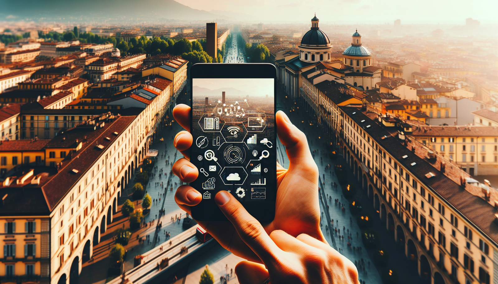 Una persona tiene in mano uno smartphone su cui sono visibili le icone di una “smart city”, indicando lo schermo, con alle spalle un ampio panorama urbano di Torino: l’immagine mette in risalto la crescita del marketing digitale a Torino tra edifici storici e montagne in lontananza.