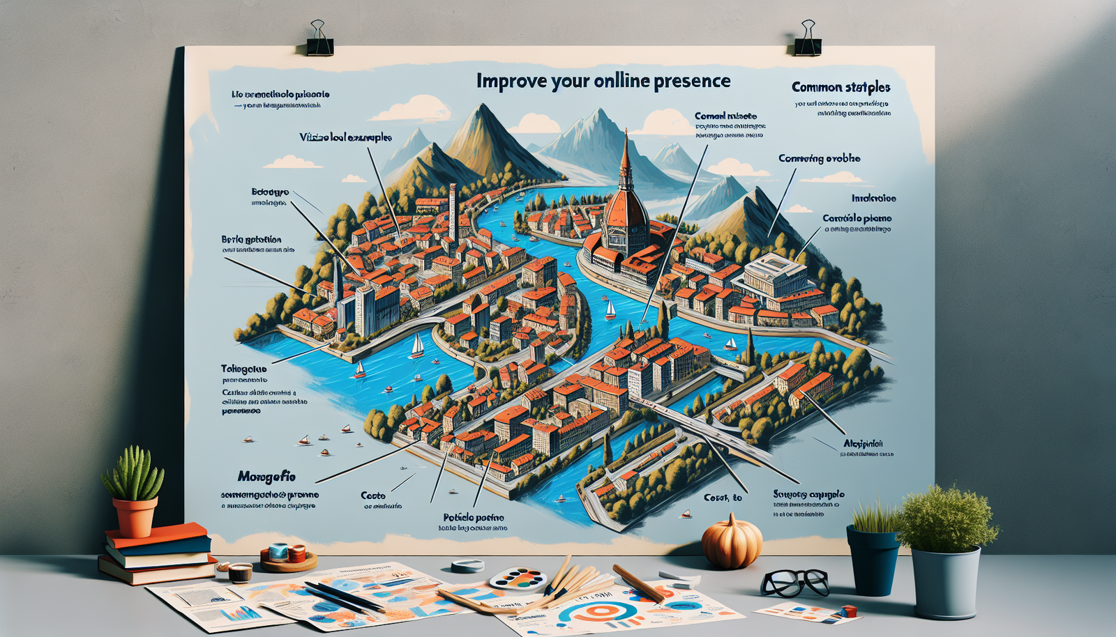 Un poster informativo colorato, appoggiato su una scrivania, raffigura una città con edifici, un fiume e alberi, mettendo in evidenza alcuni consigli per migliorare la presenza online delle aziende di Torino, il tutto circondato da grafici, fogli e materiale da ufficio.