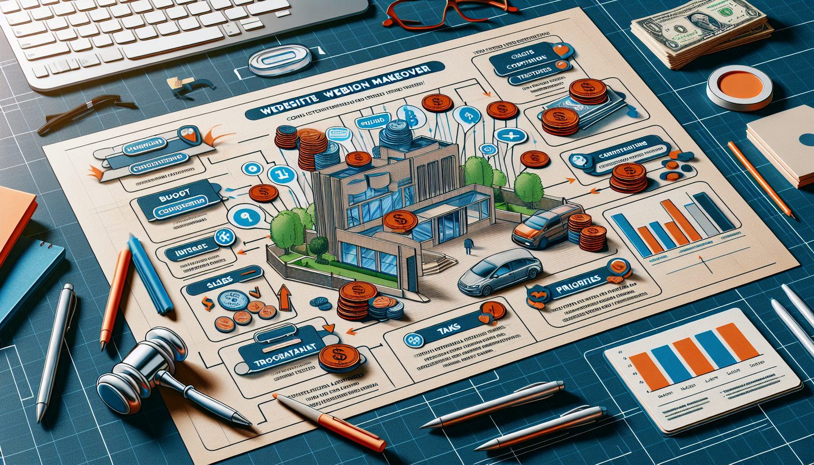 Un'infografica colorata su una scrivania raffigura un edificio circondato da simboli del dollaro, grafici e icone relative a bilanci, tasse, priorità e spese — fonte di ispirazione perfetta per il restyling del sito aziendale — con articoli di cancelleria e banconote sparsi tutt'intorno.