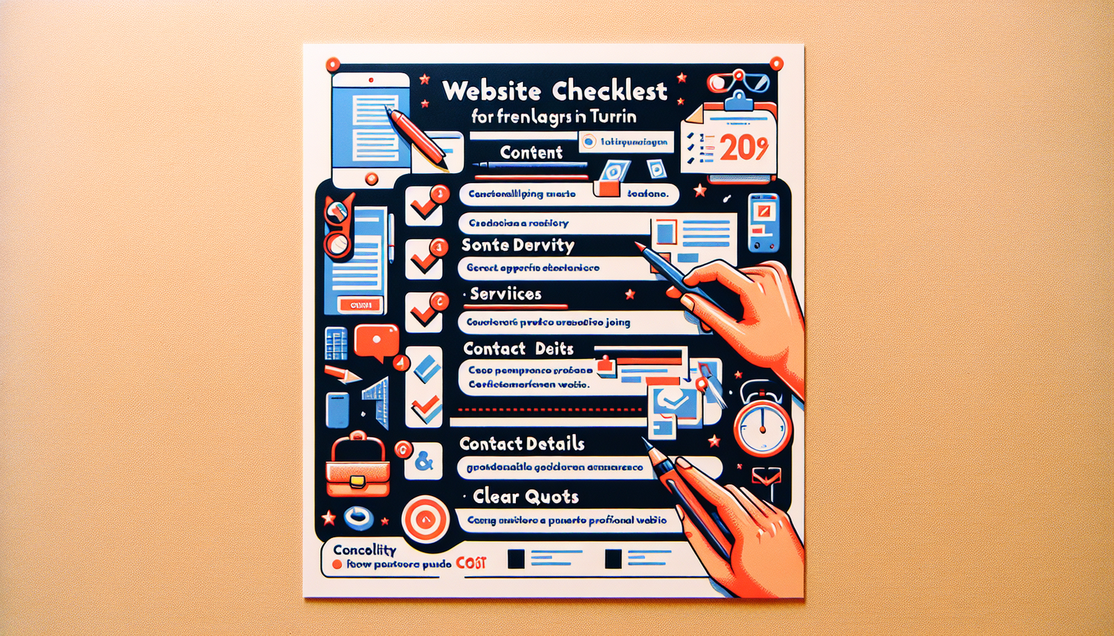 Lista di controllo illustrata per siti web di liberi professionisti, con sezioni dedicate a contenuti, servizi, recapiti e preventivi: perfetta per chi cerca un sito web per liberi professionisti a Torino. Icone raffiguranti mani, orologi, computer portatili e altro ancora su sfondo arancione.