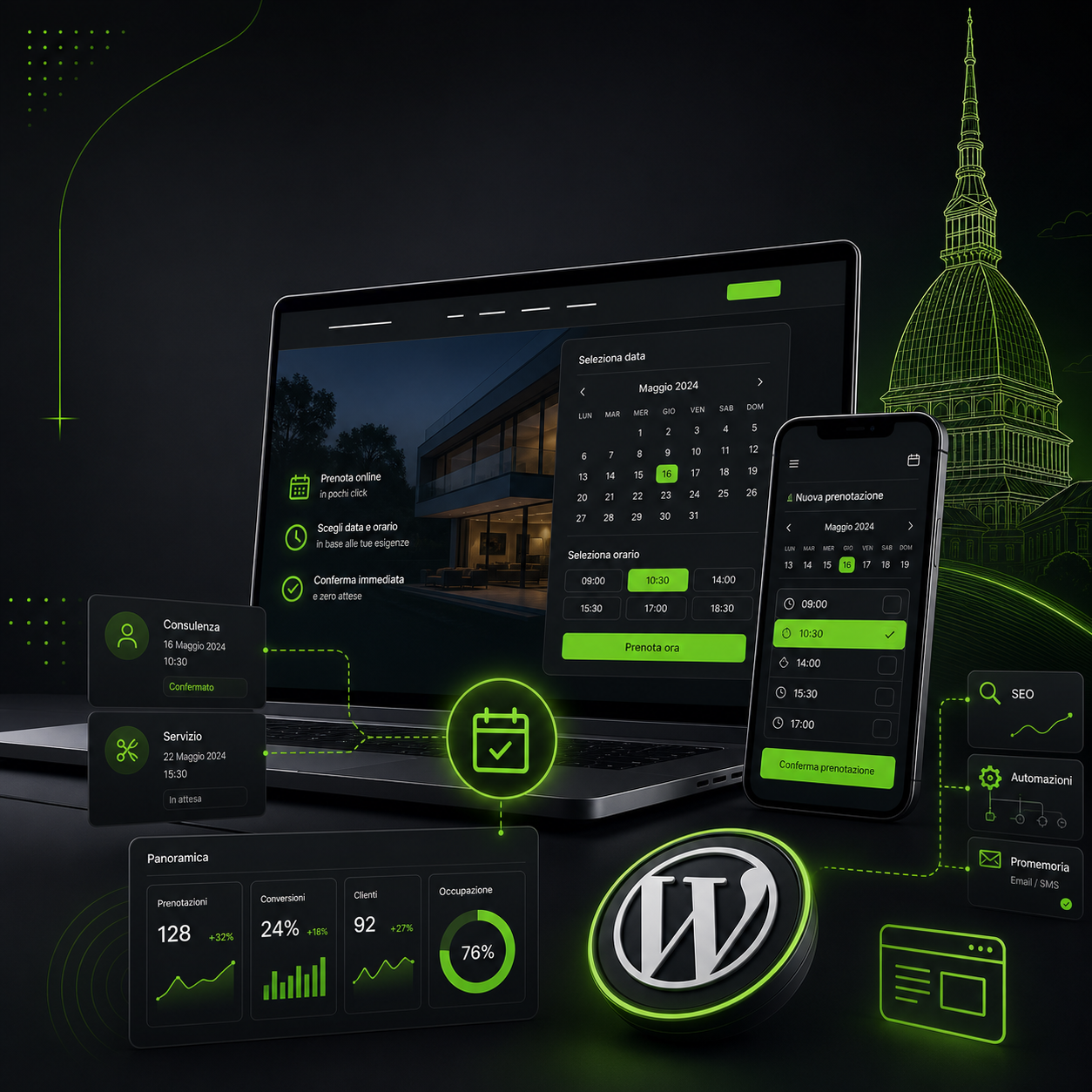 Integrazione sistemi di prenotazione online su siti WordPress professionali.