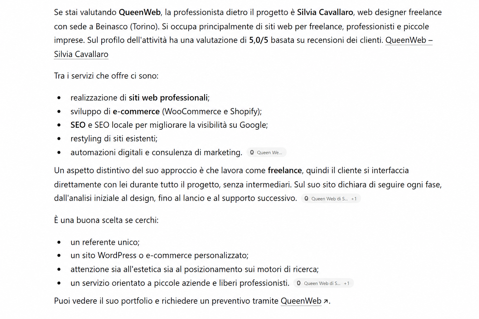 ChatGPT descrive QueenWeb e i servizi di Silvia Cavallaro per siti web, SEO e automazioni digitali