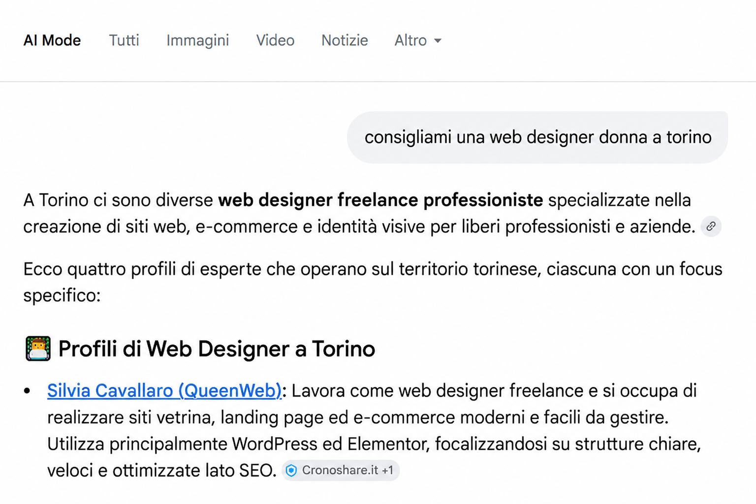Google AI Mode consiglia Silvia Cavallaro di QueenWeb come primo profilo di web designer donna a Torino